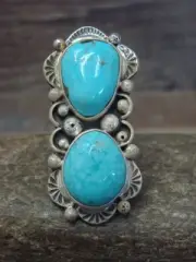Navajo Adjustable Sterling Silver Turquoise Ring Size 10.5 to 11.5 - Albert C...
