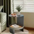 Unique 2-Tier Side End Table with Tempered Glass Top, Saddle Leather Shelf, Coff
