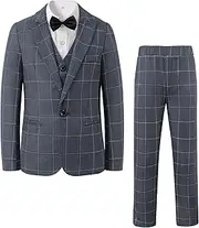 [LOLANTA] 5-Piece Boys' Suit Set, Checked Festive Suit for Wedding Birthday with Blazer, Vest, Trousers, Shirt and Bow Tie, 3-12 Years, Gray, 9-10 Years