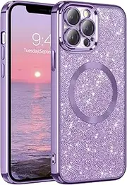 GaoBao Magnetic for iPhone 12 Pro Max Case, Slim Fit Luxury Sparkle iPhone 12 Pro Max Case [Compatible with MagSafe] Full Body Protective Shiny Phone Cover for iPhone 12 Pro Max 6.7'', Purple Glitter