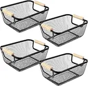 Ziliny 4 Pcs Metal Wire Basket with Wooden Handles Mesh Steel Storage Organizer Bin Containers for Home Organizing Cabinet Pantry Closet Kitchen Fridge Fruit Makeup Snacks Gifts(Small,Black)