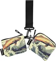 [XYMZR] Mini Zip Around Wristlet keychain Wallet Trout Landscape Comic for Women Personalized Pattern Detachable Dual Pouch Wristlet Portable Wallet Phone Coin Purse, Multi-colored, One Size