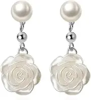[Generic] Solid 925 Sterling Silver Flower Drop Earrings Dangle for Women Teens Imitation Pearl Drop Earrings Flower Camellia