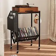Vintage Record Player Stand, Large Vinyl Record Storage Holds up to 140+ Albums, Sturdy Record Player Stand with Vinyl Storage and Magazine Holder Bag Earphone Hook Turntable Stand for Living Room