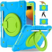 iPad 9th/8th/7th Generation Case for 10.2 Inch With Pencil Holder - Compatible With iPad 2021/2020/2019, Shock Resistant Rugged Kids Case With 360° Swivel Stand