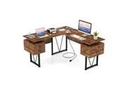 Giantex Computer Desk L-shaped Home Office Desk w/Power Outlets Corner Desk Brown