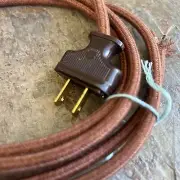 BROWN ROUND ~ 8' Vintage Lamp Cord ~ Cloth Covered Wire w/ BROWN Flat Plug