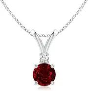 [Angara] Natural Round Ruby Solitaire V-Bale Pendant Necklace with Diamond in Sterling Silver/10ct/14ct Solid Gold for Women | July Birthstone Jewellery for Her