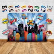 Wonder Woman and Other Superheroes Cityscape Photography Backdrop, Studio Props & Mask. Great as Super Hero City Photo Booth Background – Girl Birthday Party & Event Decorations