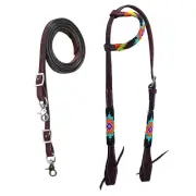 western Leather Equestrian Tooled Beaded Headstall,Breast Collar & Reins. (H077)