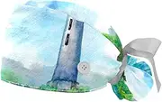 [WOSHJIUK] Working Hat 2 Pack Scrub Caps for Women,Seaside Painting Lighthouse,Tie Back Cap Adjustable Scrub Hat