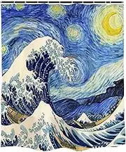 Ofat Home Japanese Nautical Shower Curtain Sets for Bathroom Accessories Decor, Hokusai The Great Wave off Kanagawa and Starry Night Van Gogh, No Liner Needed Washable, Upgraded Weighted Fabric 150 gsm, Blue, 72" x 72"
