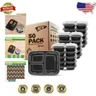 Durable 3-Compartment Bento Boxes - 50-Pack Meal Prep Containers, Microwave Safe