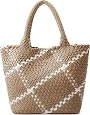 [Queenoris] Fashion Woven Tote Bag for Women, Shopper Bag Soft Vegan Leather Hand-woven Handbag with Purse