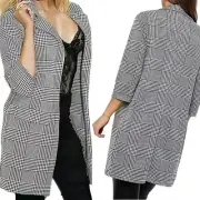 New Ladies Duster Coat Blazer Women Jacket Check Hounds Tooth Tartan 3/4 Sleeve