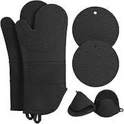 PARTY BESTBUY Oven Mitts and Pot Holders Set, Heat Resistant Silicone Waterproof Extra Long Oven Gloves with Hot Pads and Mini Oven Mittens for Grilling Cooking Baking, Soft Quilted Lining (Black)