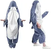 [Erwinmu] Shark Blanket Hoodie Onesie Adults Teens,Flannel Throw Wearable Blanket Blue,Shark Pajamas Sleeping Bag Cosplay Shark Gifts