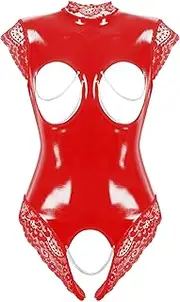 [RUNQHUI] Women's Sexy Wet Look Leather Crotchless Teddy Bodysuit Halter Neck One Piece Clubwear