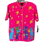 MORGAN COLE Vintage bright pink cat kitties quirky whimsy sweater NWT Size S