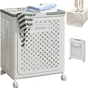 Collapsible Laundry Hamper with Wheels and Handles, Large Laundry Basket Hamper Bag Washing Bags Dirty Clothes Storage Container Organiser for Bedroom, Bathroom, and Dorm (White)