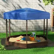 Keezi Kids Sandpit, Wooden Water Table Hexagon Sand Pit Play Toys Sandcastle Garden Patio Beach Activity Outdoor Toy Games, with Adjustable Canopy Ground Sheet Large Seat