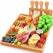 Cheese Board and Knife Set - Bamboo Charcuterie Boards with Knife Holder, Cheese Platter for Christmas, Family Party, Wedding, Anniversary, Thanksgiving Gift Cheese Board Set (14” x 11”)