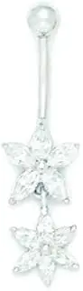 [JewelryWeb] 14ct White Gold CZ 14 Gauge Dangling 2 Flower Drop Body Jewelry Belly Ring 37x10mm