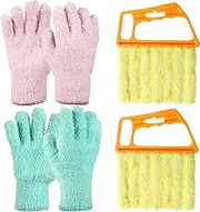 4 Pieces Window Venetian Blind Cleaner Dusting Tool, 2 Mini Blind Duster Brush 7 Finger Dusting Cleaner Tool 2 Pairs Microfiber Gloves for Shutter Air Conditioner Clean(Yellow, Teal, Pink)