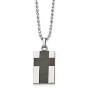 Stainless Steel Chisel Polished Carbon Fiber Inlay Cross Pendant On A 22 Inch Ball Chain Necklace