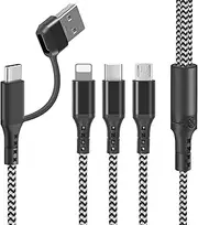 Multi Charging Cable, 5 in 1 USB A/USB C Multi Charger Cable Nylon Braided Fast Charging Cord with IP Micro USB Type-C Port, Multi USB Cable for Phone 16 15 14 13 12 11 X 8 6 Samsung and More