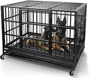 WOKEEN 48 Inch Heavy Duty Dog Crate With Wheels - High Anxiety Indestructible Cage, Sturdy Locks, Double Door, Removable Tray - Extra Large XL XXL Kennel