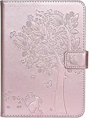 [SATURCASE] Case for Amazon Kindle Paperwhite 1 2 3 4, Cat Tree Embossing PU Leather Flip Magnet Wallet Stand Card Slots Protective Cover for Amazon Kindle Paperwhite 1 2 3 4 6.0 (Rose Gold)