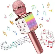 Wireless Bluetooth Karaoke Microphone with controllable LED Lights, Xkey 4 in 1 Portable Karaoke Machine Speaker for Android/iPhone/PC, Best Gifts Toys for Girls & Boys (Rose Gold)