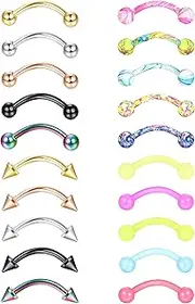 [Sanfenly] 16G 20Pcs Stainless Steel Eyebrow Rings Lip Ring Barbell Curved Ring Tragus Daith Rook Earring Acrylic Piercing Jewelry for Women Men