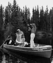 Three Anglers Land A Northern Pike In A Net In Canada 1960 Old Fishing Photo