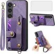 [Asuwish] Mobile Phone Case for Samsung Galaxy S23 5G Case with Glass Film Screen Protector and Hand Strap Ring Stand Card Slot Foldable Leather Wallet S 23 23S S23 Case Protective Phone Case Purple