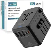 Universal Travel Adapter FreshLink PD 35W International Power Plug Adapter with 3 USB & 2 Tyep-C & USA/EU/AU/UK AC Sockets, Compatible with MacBook, Laptops, iPhone, iPad Airpods,etc (1 Pack)