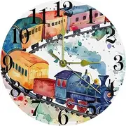 Watercolor Trains with Long Carriages Non-Ticking Wall Clocks, Battery Operated Silent Wall Clock for Bedroom Living Kitchen Office Home Art Decor