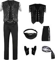 [Saxcdyi] Men's Fringe Leather Vest Cowboy Costume Vest Sleeveless Jacket Bandana Gloves Set Adult Tassel Outwear