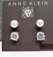 A89) Anne Klein Cubic Zirconia Silver-Tone Stud Earrings & Faux Pearl Set - New