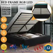 Bed Frame Queen Double King Single RGB 16-Colour LED Gas Lift Base Storage Black