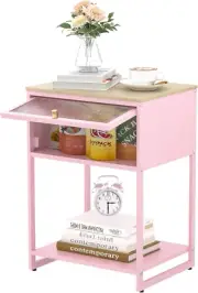 Pink Nightstand End Tables Storage Drawer Bedside Table Open Storage Shelf
