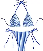 [COOLOYA] Women's Striped Terry Cloth 2 Piece Triangle Bikini Sets Tie Side Halter Padded Bathing Suits, Blue, Medium