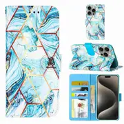 For Apple iPhone 16 Pro Case SupRShield Marble Painting Pattern Flip Wallet Leather Card Slots Shockproof Cover (Blue)