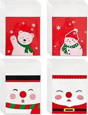 WELANE Christmas Cookie Bags, 200 PCS Self Adhesive Snowman Santa Claus Cellophane Bags for Packaging Cookies,Gifts, Candy (4 Kind, 10cm/4in)
