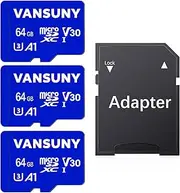 Vansuny Micro SD Card 64 GB Pack of 3 Memory Cards Micro SD 64 GB Pack of 3 with SD Adapter Up to 90 MB/s Read Speed (UHS-I, U3, A1, V30, C10, 4K UHD microSDXC)