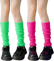 [Ycfish] 2 Pcs Leg Warmers, Leg Warmers Ladies, Black and White Knitted Skating Girls Socks, Thick Pairs, Fuzzy Knee High with Winter Ankle Cuffs Boots (Green, Pink), Black, White, One Size