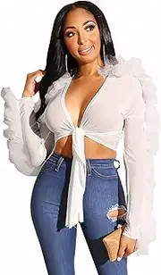 [acelyn] Womens Sexy Ruffle See Through Mesh Sheer Long Sleeve Shirts Blouses Self Tie Front V Neck Crop Tops