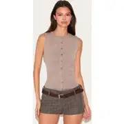 Mocha Button Through Sleeveless Top, Mocha