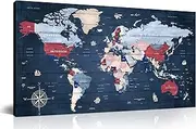 ZHAOSHOP Blue World Map Wall-Art For Office - Large World Maps For Wall - Canvas Wall Art Stretched and Framed Ready to Hang Size 40" x 20"